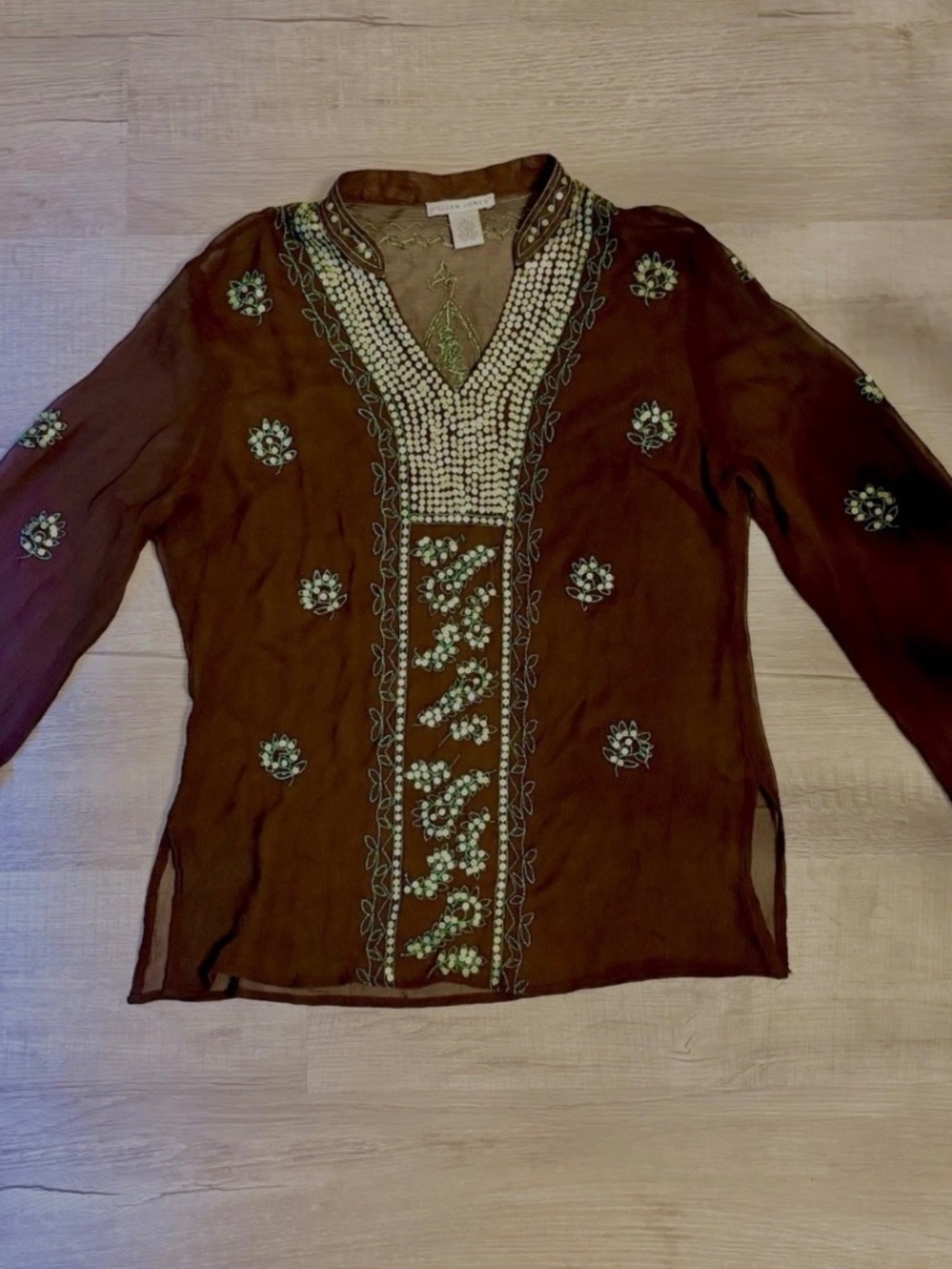 Jillian Jones Silk Blend Embroidered Sequins Boho Tunic Blouse Sheer Top Size L